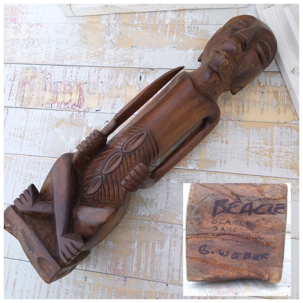 Vtg Signed Zaire G. Weber Soldier Statue Sword African Congo Hand Carved Wooden